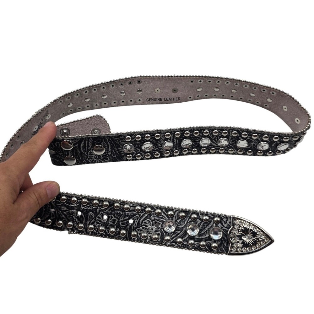 Blazin Roxx Womens Black Silver Floral Crystal Studded Leather Belt N3513001 L3